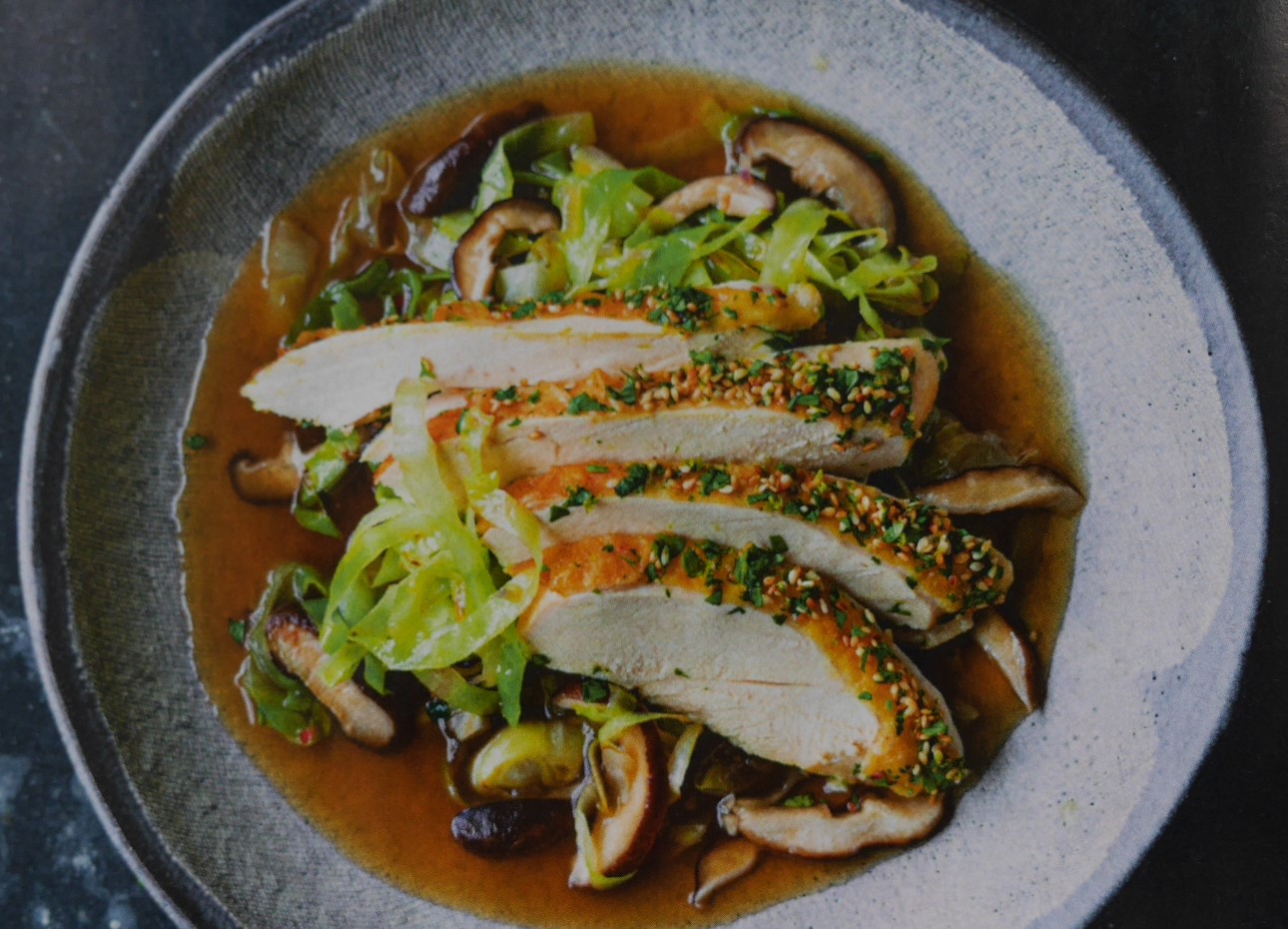 Cover Image of Ofenhähnchen  mit Spitzkohl-Pilz-Bouillon